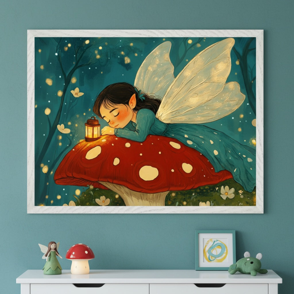 Kid's bedroom with a teal wall and white dresser. A large framed illustration of a sleeping fairy with wings on a red mushroom hangs above the dresser. On the dresser are a fairy figurine, mushroom lamp, small framed art, and a frog plush toy.