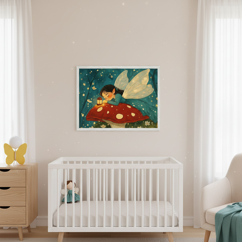 Modern nursery with a white crib, wooden dresser, and armchair. A framed whimsical illustration of a fairy sleeping on a red mushroom with a lantern hangs centered above the crib.