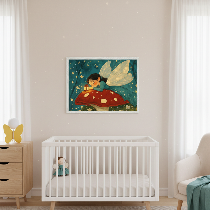 Modern nursery with a white crib, wooden dresser, and armchair. A framed whimsical illustration of a fairy sleeping on a red mushroom with a lantern hangs centered above the crib.