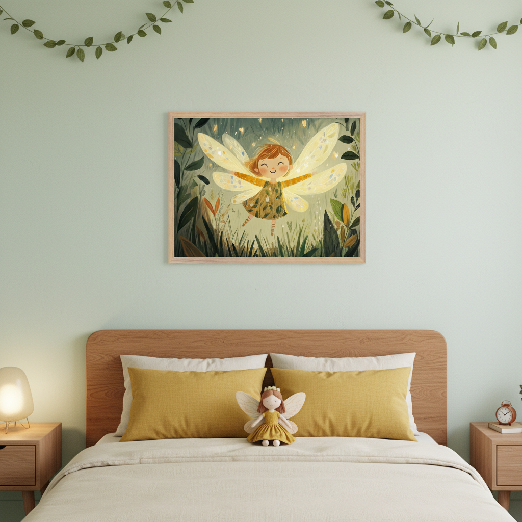 Kid's bedroom with a wooden bed, yellow pillows. A framed whimsical drawing of a glowing fairy in a forest hangs centered above the bed. Light green walls with a leaf garland.