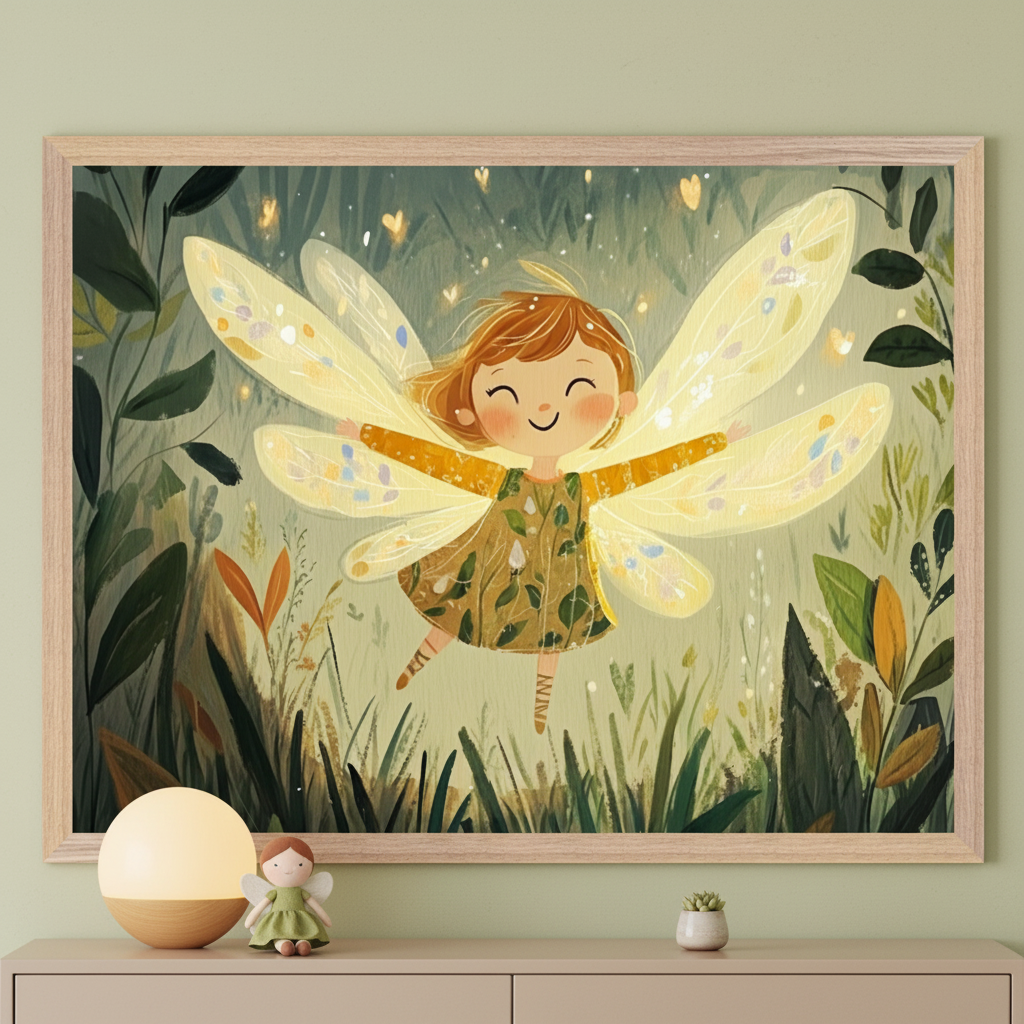 A framed illustration of a joyful little girl with wings, resembling a fairy, in a green dress with floral patterns. She is floating among plants, with soft glowing lights around her. The image has a warm, magical atmosphere. Below the framed artwork is a light-colored shelf with a small angel figurine wearing a green outfit and a soft glowing lamp. The background is light green, creating a calm and whimsical scene.