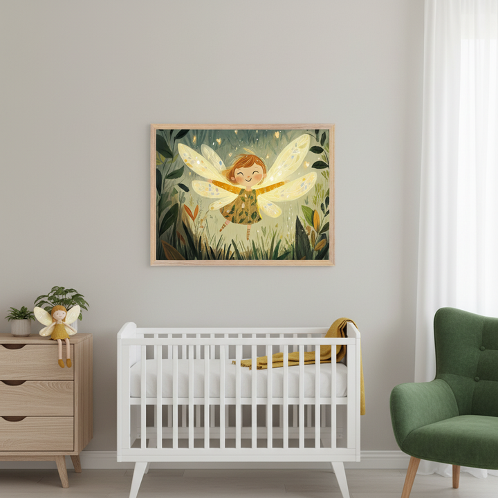 Modern nursery with a white crib, wooden dresser, and green armchair. A framed whimsical illustration of a smiling fairy with glowing wings surrounded by greenery hangs centered above the crib.