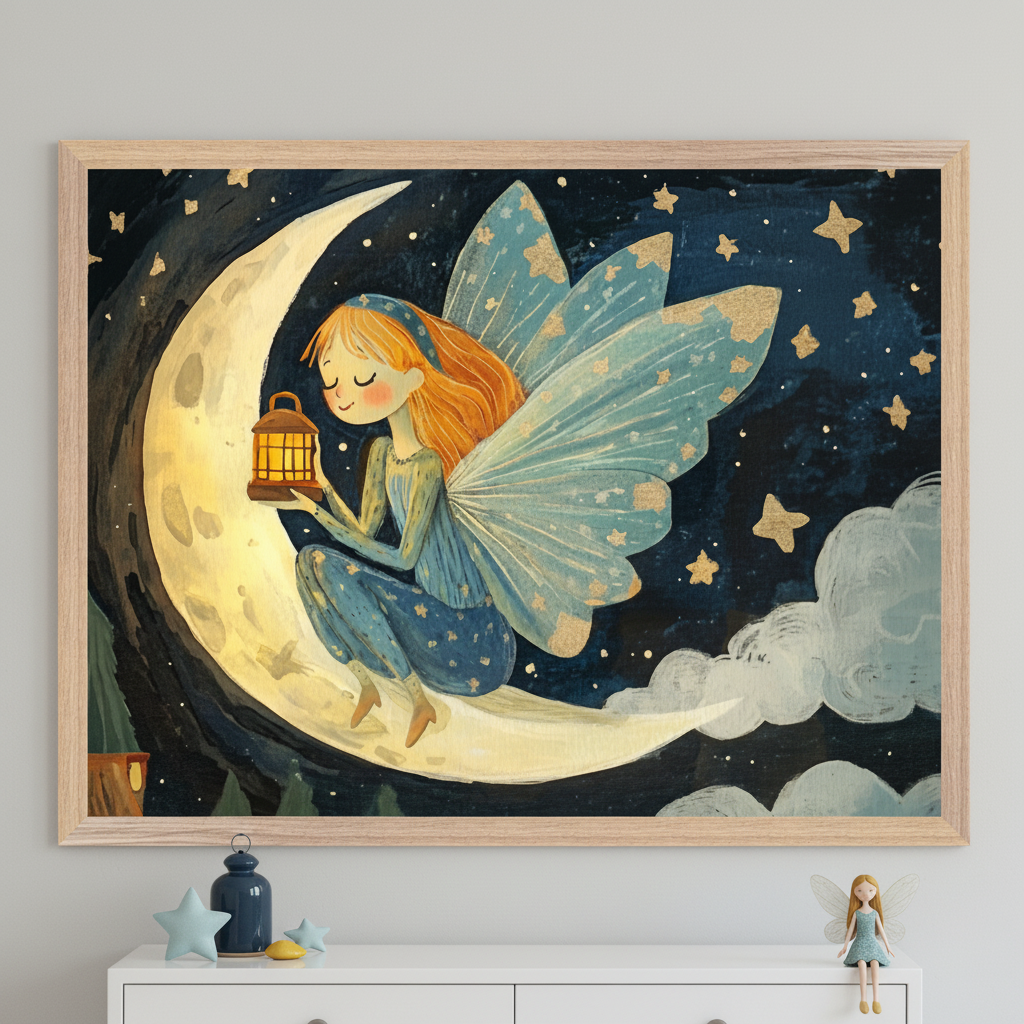 A whimsical illustration of a fairy sitting on a crescent moon, holding a lantern. The fairy has long orange hair, a blue dress with star patterns, and translucent wings. The background is a dark starry sky with scattered clouds and glowing stars. The image is framed in a light wood frame and displayed above a white shelf with a small decorative fairy figurine and star-shaped objects.
