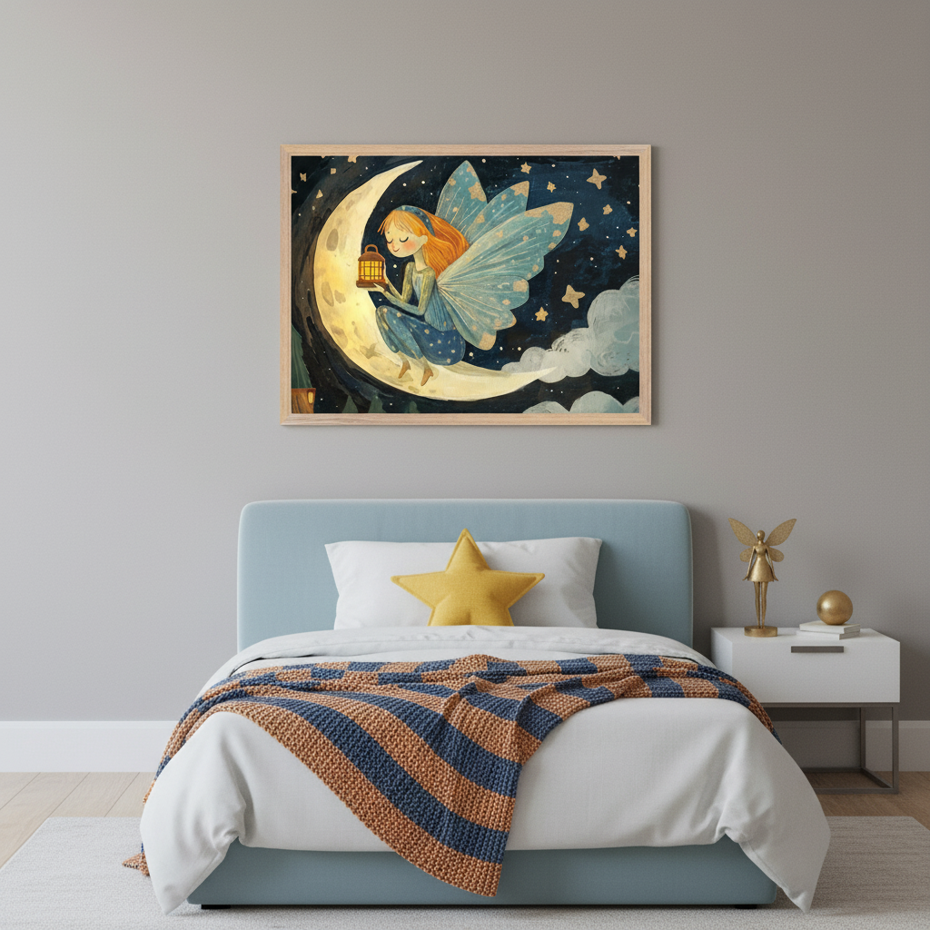 Kid's bedroom with a light blue bed. A large framed illustration of a fairy sitting on a crescent moon with a lantern against a starry night sky hangs centrally above the bed. A white nightstand is to the right.