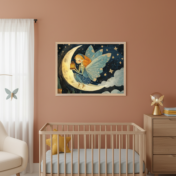 Modern nursery with light wooden crib, dresser, and cream armchair. A framed illustration of an orange-haired, blue-winged fairy holding a lantern, sitting on a crescent moon under a starry sky, hangs above the crib on a terracotta wall.