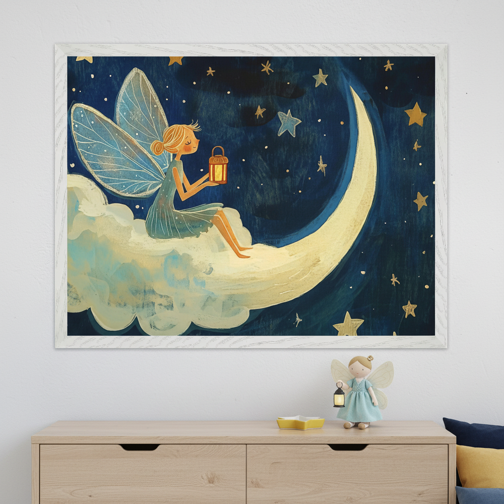 A framed illustration of a fairy sitting on a cloud, holding a lantern, with large, delicate wings. She is surrounded by a starry night sky, and a crescent moon curves around her. The color palette includes deep blues, golds, and soft whites, creating a peaceful, magical atmosphere. Below the artwork is a light wood dresser with a small angel figurine holding a lantern and a yellow bowl. The background is white, emphasizing the calming, dreamlike scene.