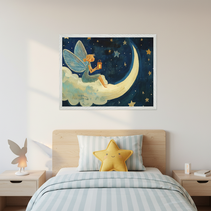 Kid's bedroom with a wooden bed and striped bedding. Framed wall art centered above the bed depicts a blue-winged fairy holding a lantern, sitting on a cloud on a crescent moon in a starry night sky, in a whimsical painted style. Wooden nightstands flank the bed, one with a fairy lamp.