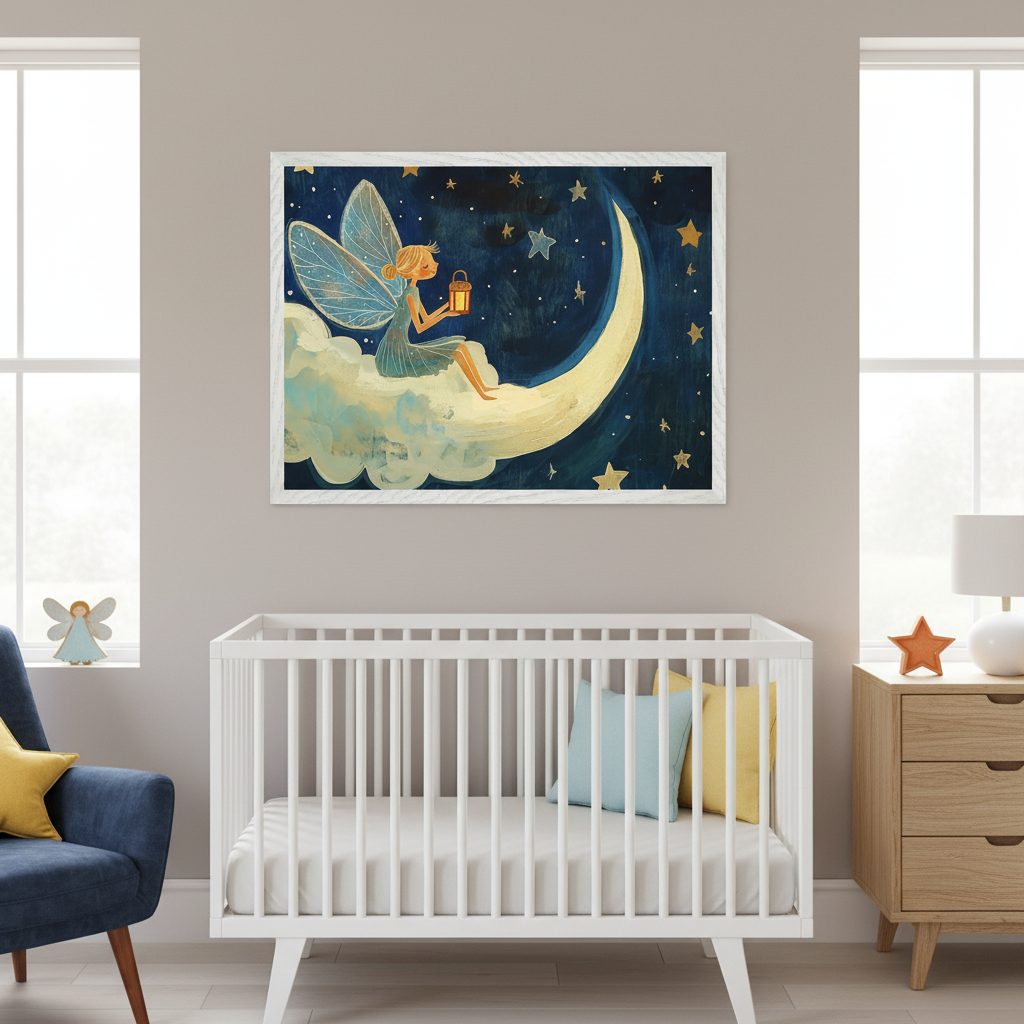 Modern nursery with a white crib. Above the crib hangs a large framed print depicting a winged fairy with a lantern sitting on a crescent moon and cloud in a starry night sky. A blue armchair is to the left, a wooden dresser to the right.