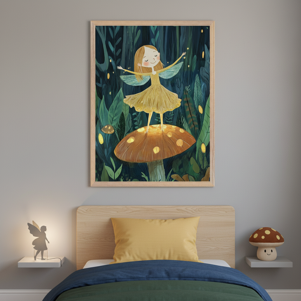 Kid's bedroom with a wooden bed and yellow pillow. Above the bed hangs a framed illustration of a fairy with wings dancing on a glowing mushroom in a dark green forest. A fairy lamp is on a shelf left, and a mushroom plush on a shelf right.