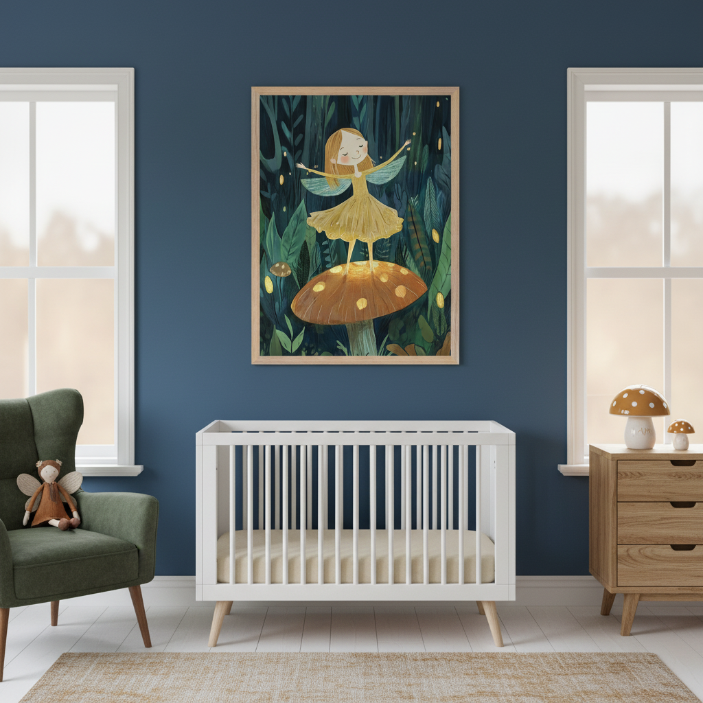 Modern nursery with dark blue walls. A framed illustration of a smiling fairy on a glowing mushroom in a forest hangs above a white crib. To the left is a green armchair, and to the right, a wooden dresser with mushroom lamps.