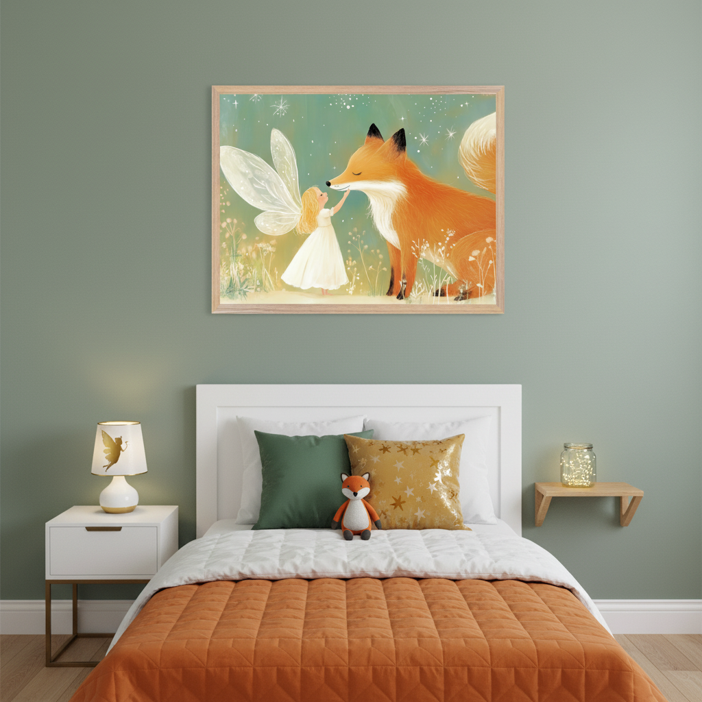 Sage green kid's bedroom with a white bed, orange quilt, and green/gold pillows. A large framed illustration of a small fairy touching a fox's nose in a whimsical forest hangs centered above the bed. A white nightstand and wooden shelf with lights flank the bed.