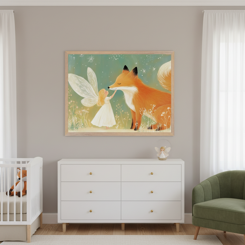 Modern nursery with a white crib, white dresser, and green armchair. A large framed whimsical illustration of a blonde fairy touching a fox's nose in a starry meadow hangs centered above the dresser.