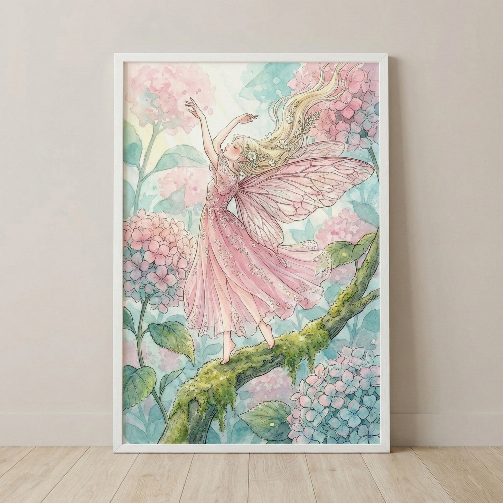 A framed watercolor illustration of a graceful fairy with long blonde hair and translucent pink wings, dancing on a mossy branch. She wears a tiered pink dress. The scene is filled with pastel pink, blue, and purple hydrangea blossoms. This whimsical artwork uses soft tones and delicate lines to create an ethereal atmosphere. The piece is held in a simple white frame and mounted on a neutral wall above a light wood floor.