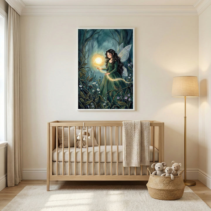 A cozy nursery with soft, neutral tones features a large framed artwork of a fairy with long hair and glowing magic. The fairy stands in a forest scene with a golden orb in hand, adding a whimsical, storybook charm to the room. The wooden crib, plush toys, and soft textures enhance the dreamy atmosphere.