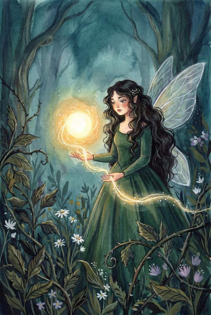 Enchanting watercolor illustration of a fairy with long, wavy dark hair and translucent wings, standing in a magical forest clearing. Dressed in a flowing green gown, she holds a glowing orb of light that trails a sparkling ribbon of energy through the air. Surrounded by wildflowers, tall leaves, and twilight trees, the scene radiates a sense of wonder and quiet power.