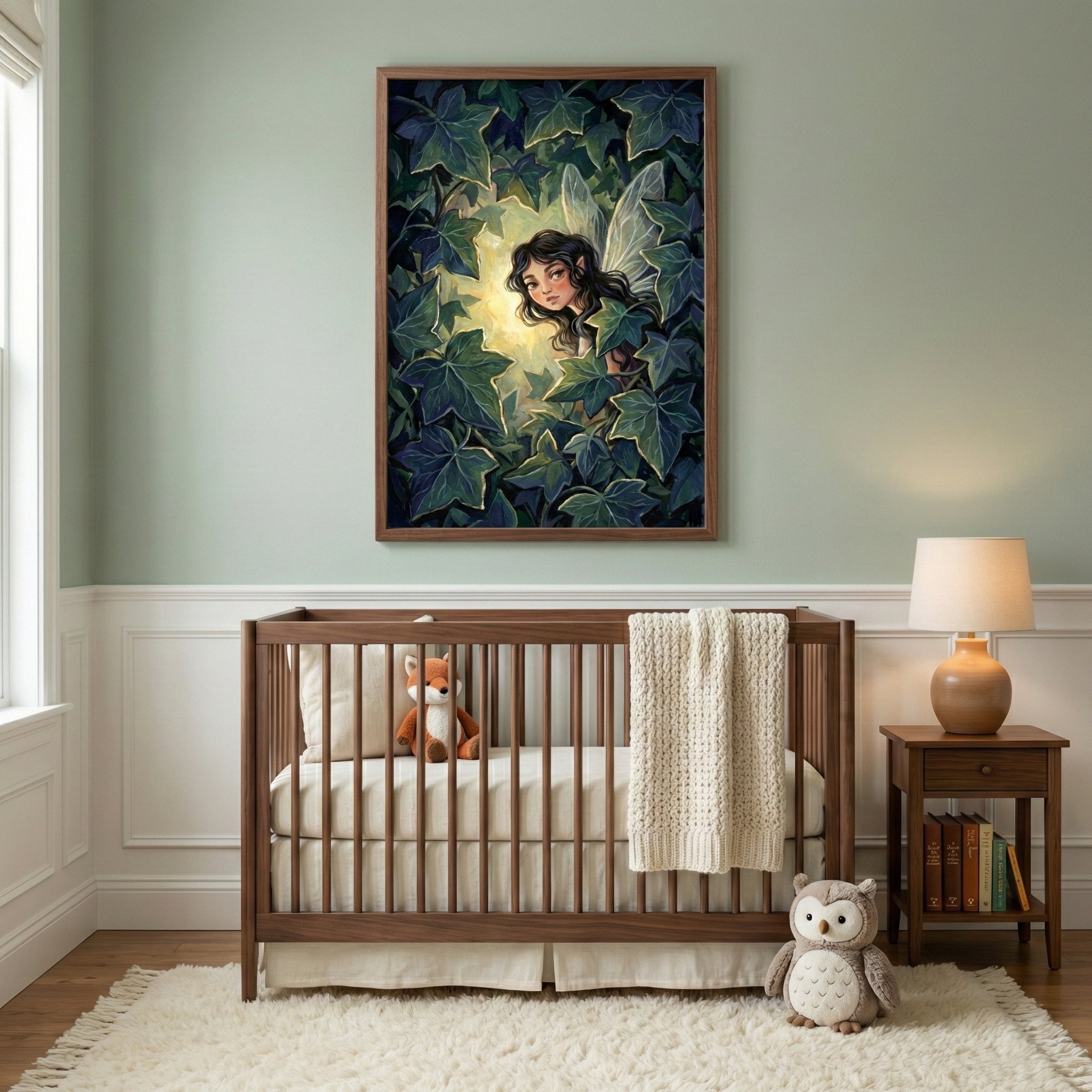 A nursery decorated with warm, earthy tones and featuring a framed painting of a fairy surrounded by thick green ivy. The fairy’s glowing presence brings a magical touch to the space, which includes a wooden crib, cozy textiles, and soft toys like a fox and an owl on a plush rug.