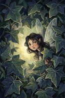 Whimsical illustration of a curious fairy with dark wavy hair and translucent wings peeking through dense ivy leaves. Her pointed ears and wide, expressive eyes give her an elfin appearance. A soft golden glow illuminates her face from behind, casting a magical light through the surrounding greenery in this enchanted woodland scene.
