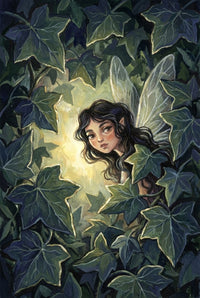 Whimsical illustration of a curious fairy with dark wavy hair and translucent wings peeking through dense ivy leaves. Her pointed ears and wide, expressive eyes give her an elfin appearance. A soft golden glow illuminates her face from behind, casting a magical light through the surrounding greenery in this enchanted woodland scene.