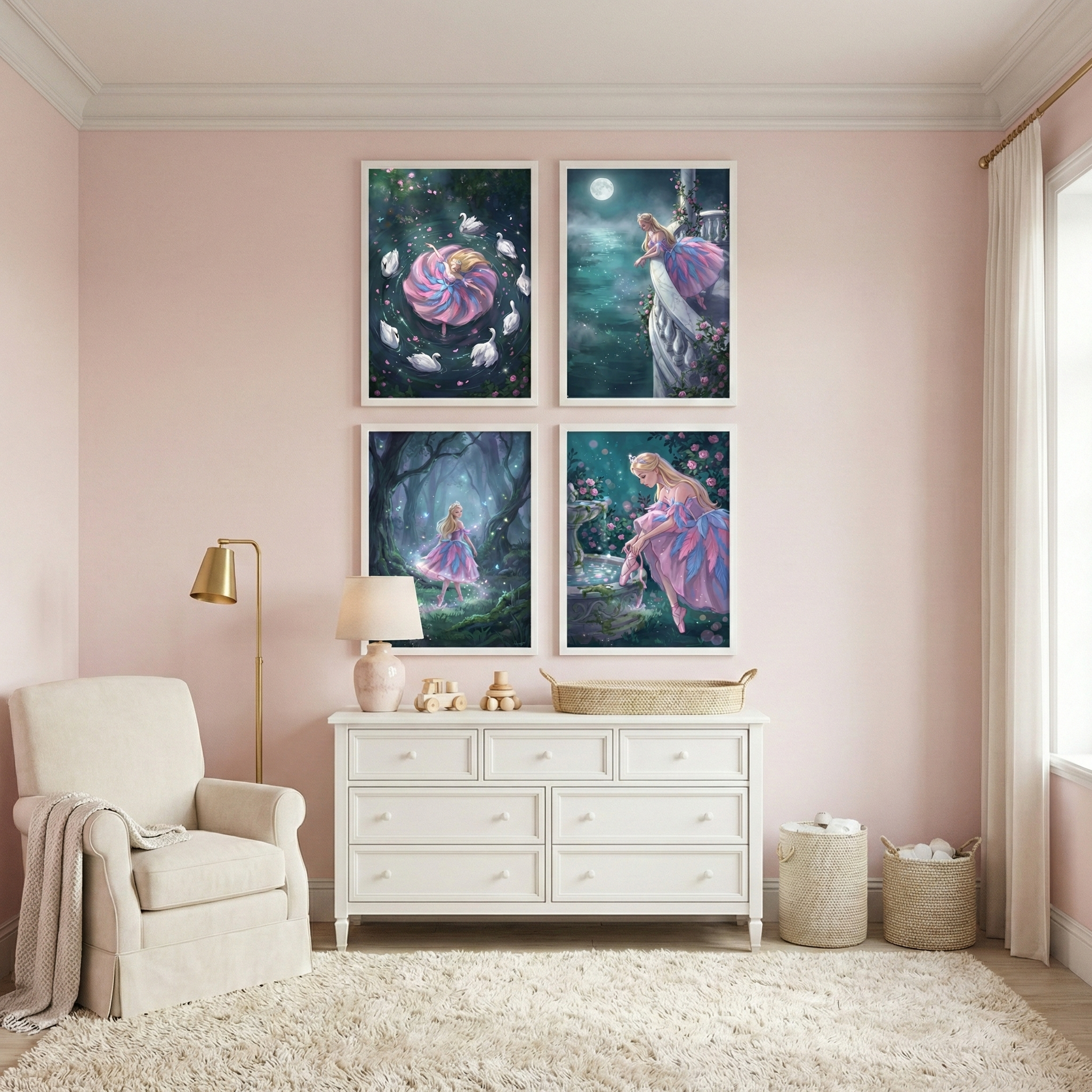 A serene nursery features pale pink walls and a plush, cream-colored shag rug. Centered against the wall is a white six-drawer dresser holding a small table lamp, wooden toys, and a flat woven basket. Above the dresser, four framed vertical illustrations are displayed in a square grid. Each piece of art depicts a fair-haired girl in a billowing pink and purple dress within various mystical scenes: floating on a dark pond with white swans, standing on a stone balcony beneath a full moon.