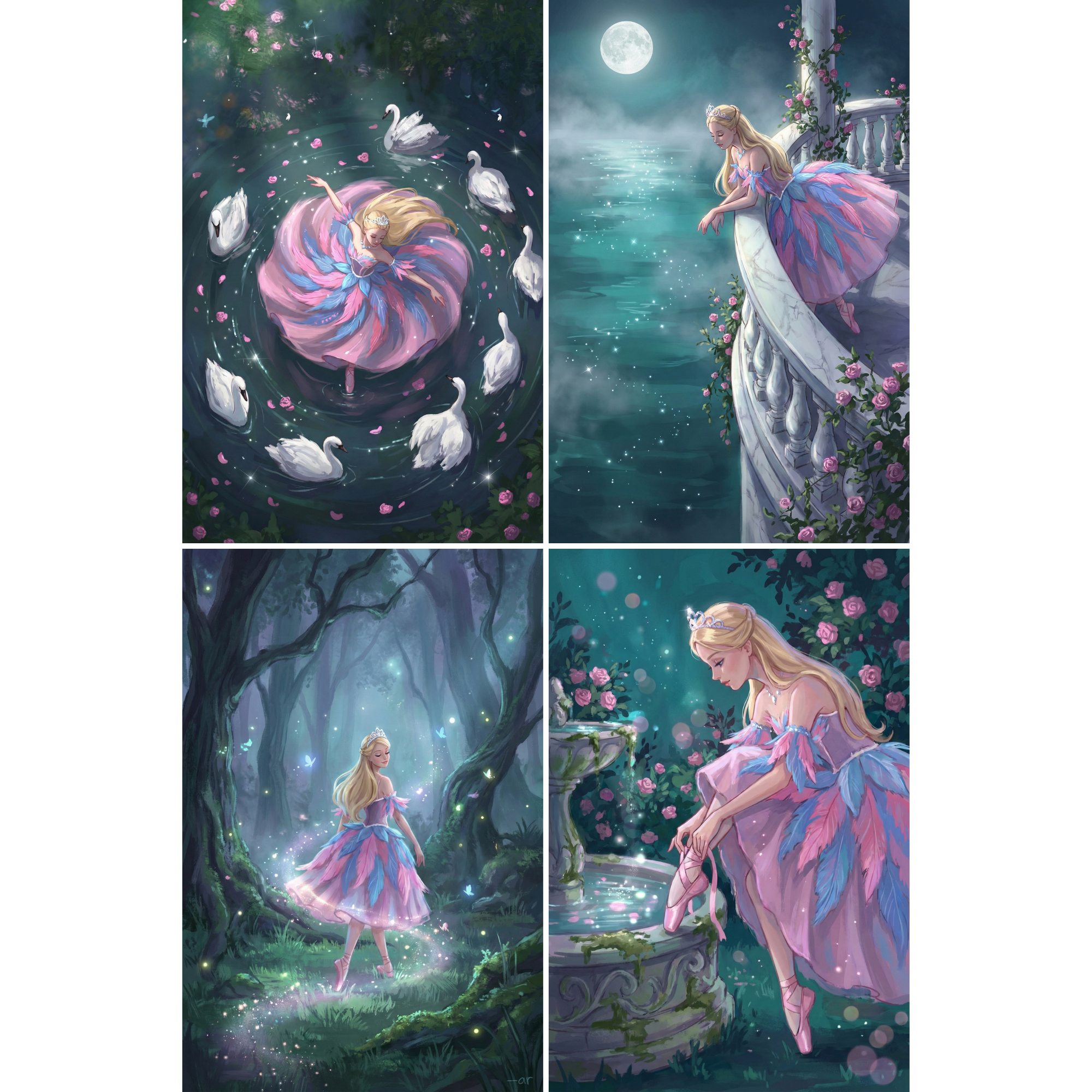 Enchanting ballerina wall art set featuring a blonde dancer in a flowing pink and blue feather inspired tutu across four magical night scenes. The collection includes her twirling in moonlit water surrounded by graceful white swans and floating rose petals, leaning over a marble balcony beneath a glowing full moon, wandering through a misty forest illuminated by fireflies, and quietly adjusting her pointe shoes beside a rose covered fountain. 