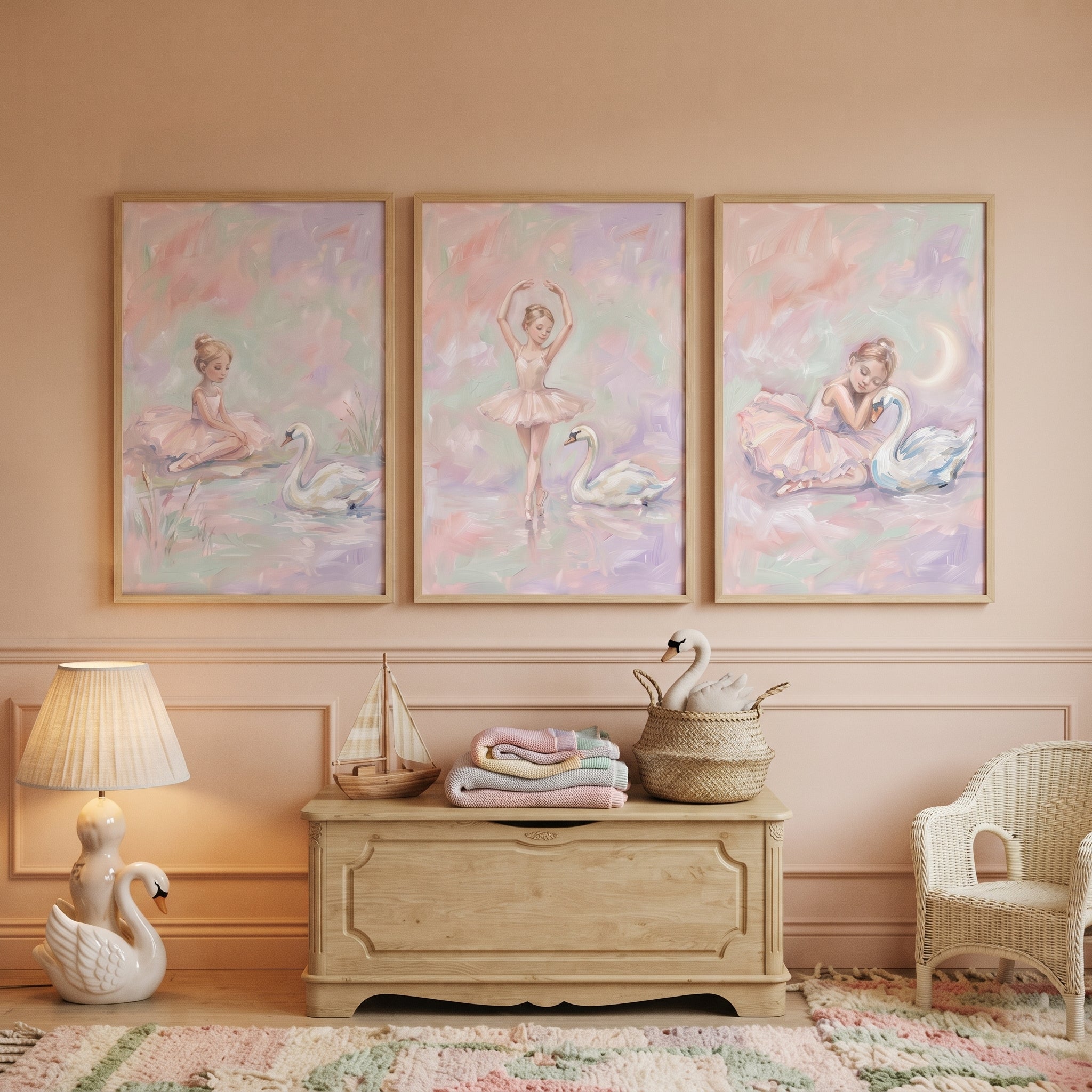 Fairytale Blush Ballerina Swan Wall Art Set of 3 - Serene Swan Grace
