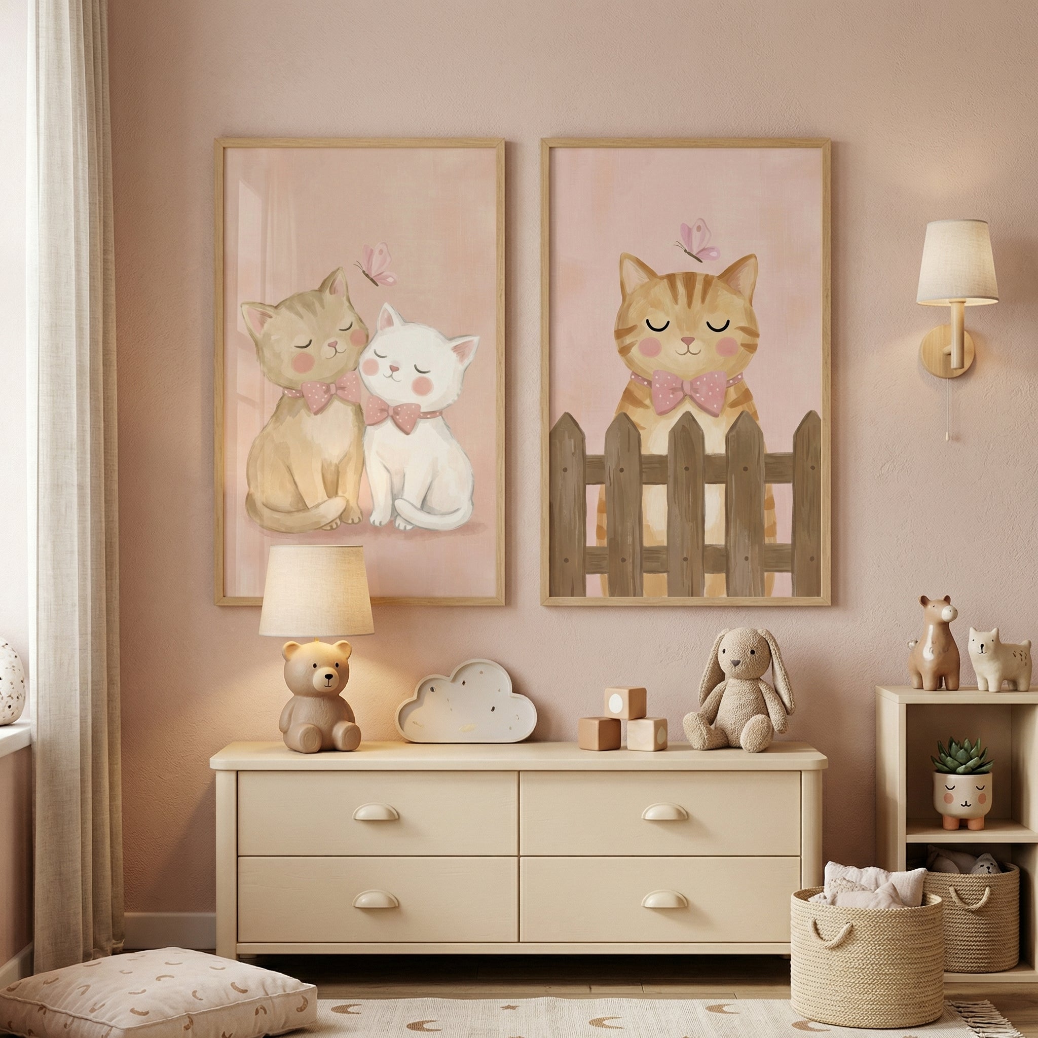 Fairytale Blush Butterfly Cat Wall Art Set of 2 - Cute Kitten Pals