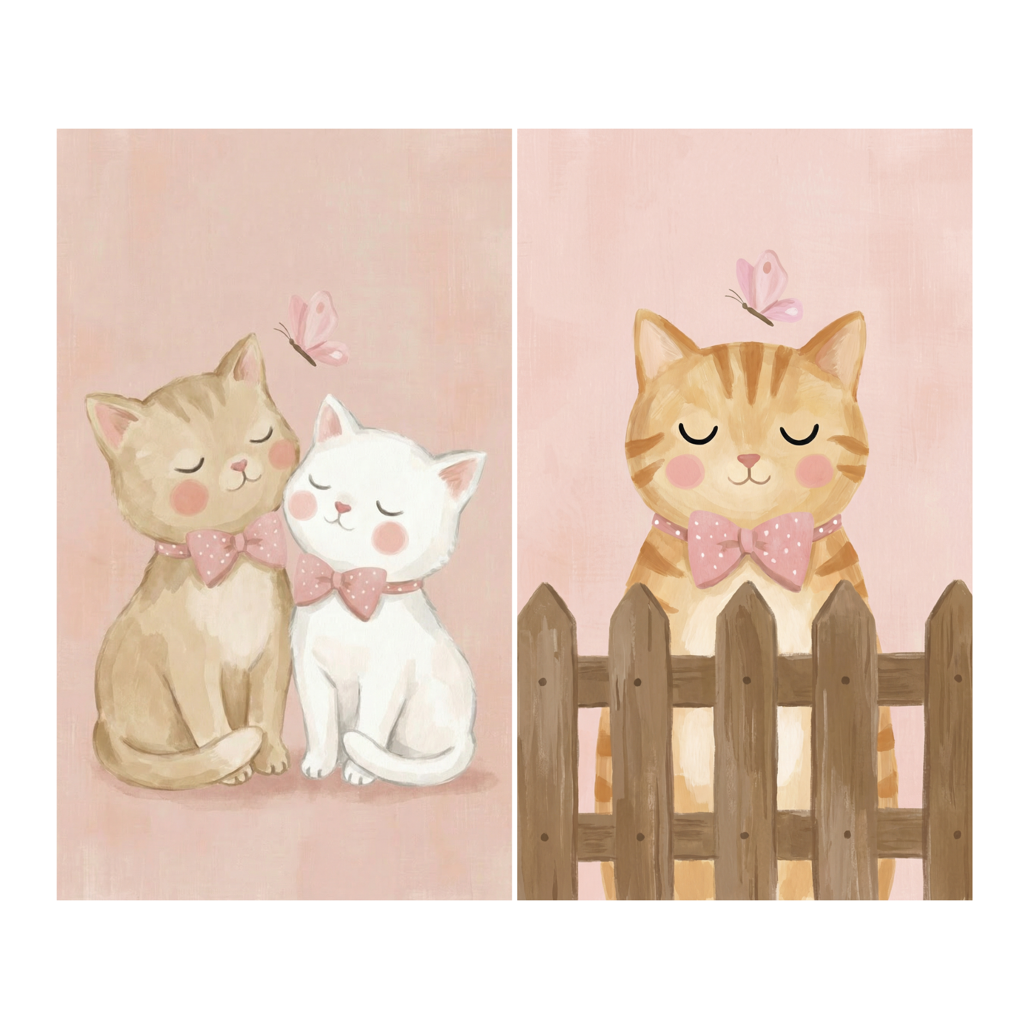 Watercolor wall art set featuring two cuddling kittens wearing pink bow ties and a separate illustration of a striped cat behind a wooden fence, both with eyes closed and butterflies nearby on a soft blush background, creating a cozy and gentle nursery feel.
