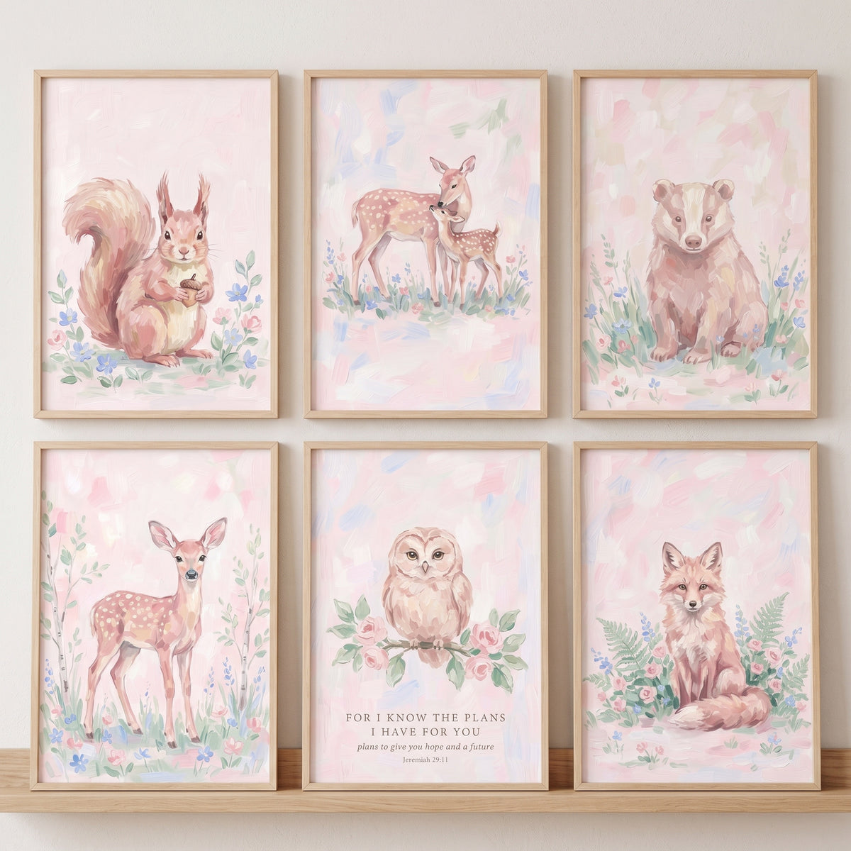 Fairytale Blush Forest Animals Wall Art Set of 6 - Graceful Woodland Nursery