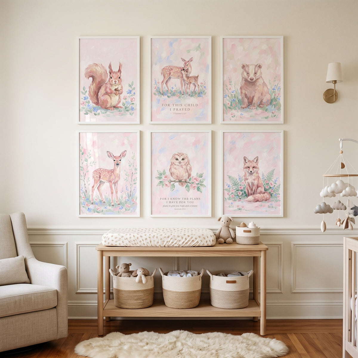 Fairytale Blush Forest Animals Wall Art Set of 6 - Graceful Woodland Nursery