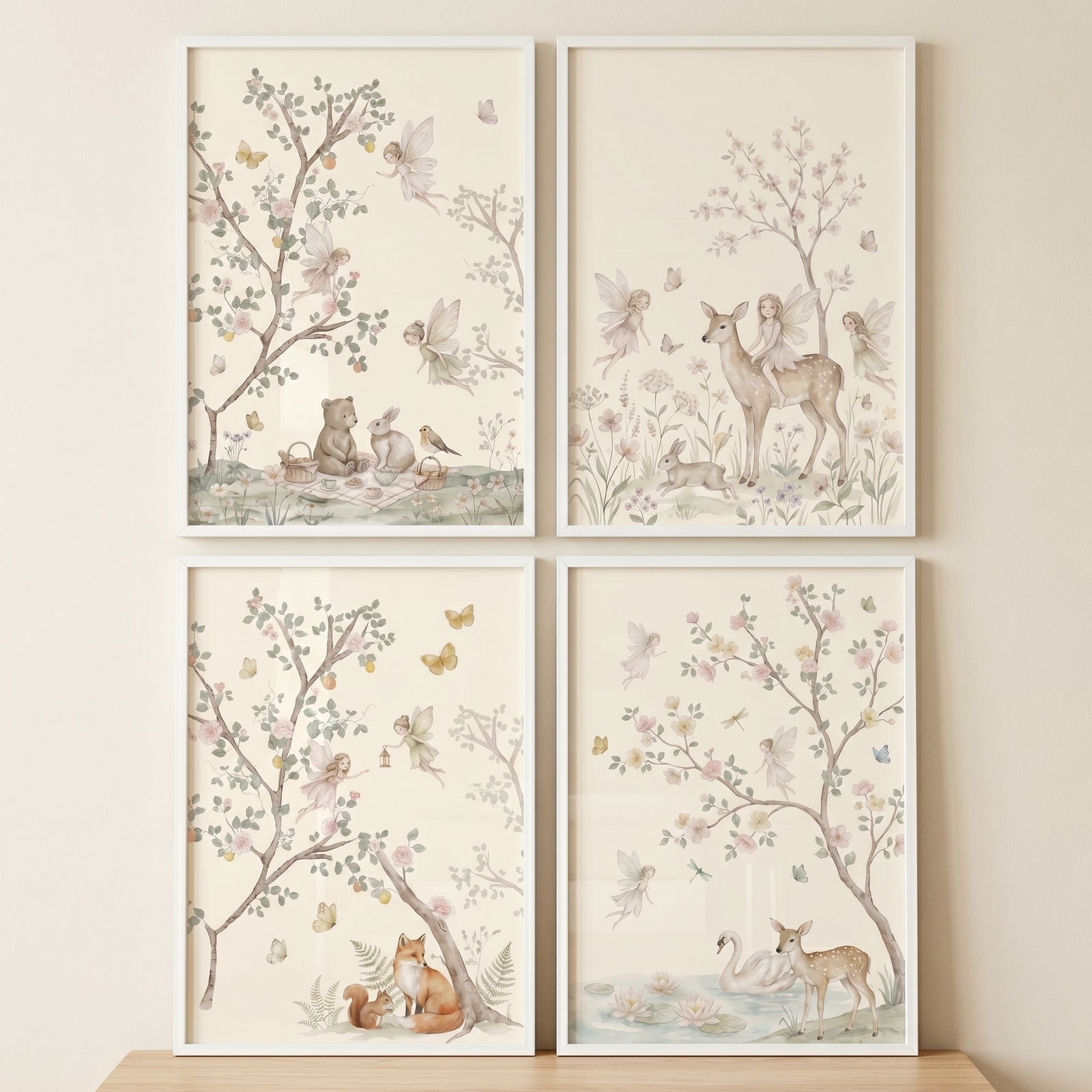 Fairytale forest animal fairies wall art set of 4 in soft watercolor tones featuring whimsical deer, foxes, and bunnies.