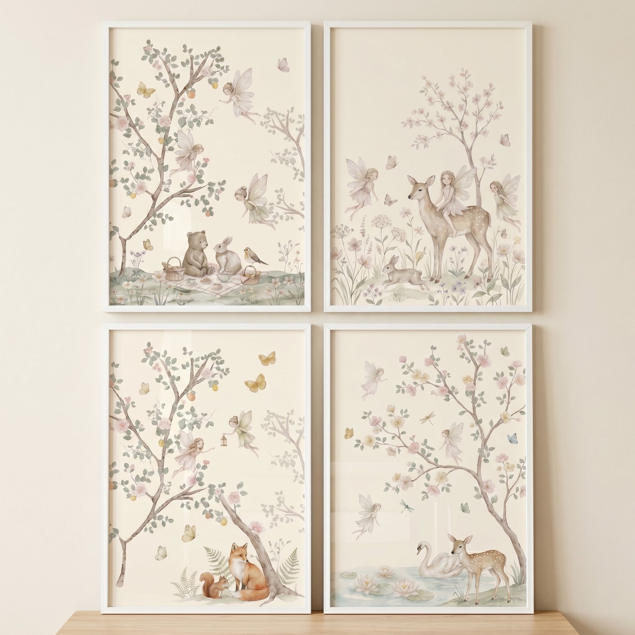Fairytale Forest Animal Fairies Wall Art Set of 4 - Enchanted Woodland Friends