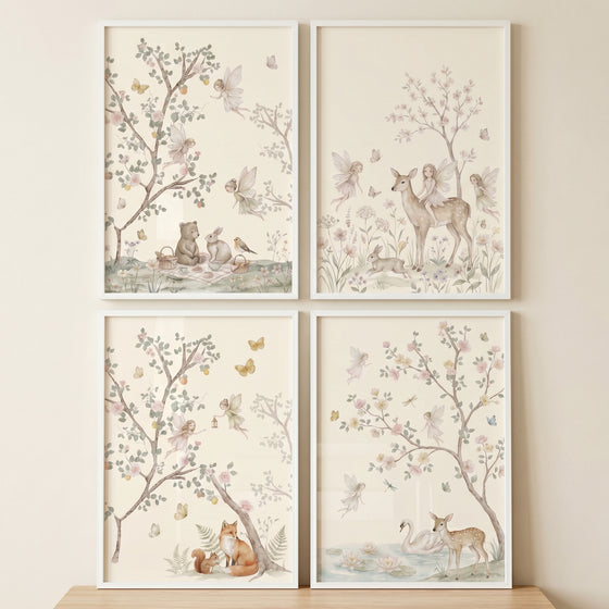 Fairytale forest animal fairies wall art set of 4 in soft watercolor tones featuring whimsical deer, foxes, and bunnies.