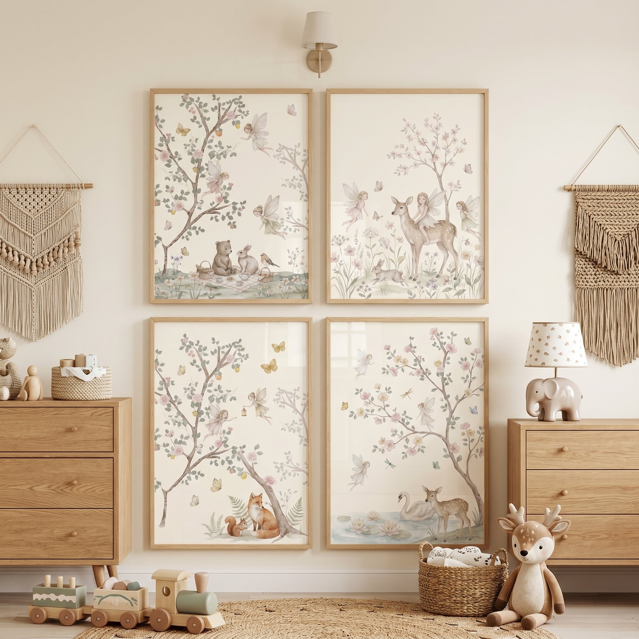 Fairytale Forest Animal Fairies Wall Art Set of 4 - Enchanted Woodland Friends