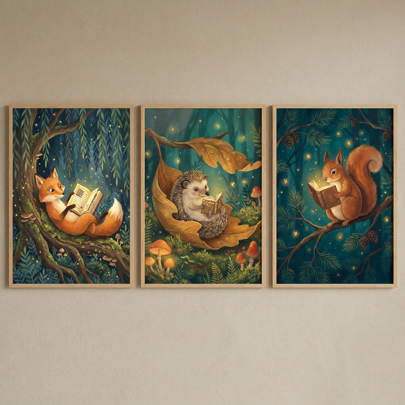 A set of three vertical framed illustrations is displayed side-by-side on a plain, light-colored wall. Each artwork depicts a different woodland creature engrossed in a glowing book within a magical forest setting at night.

The leftmost illustration features a red fox with a bushy, white-tipped tail reclining on a thick, moss-covered tree branch. The fox is holding an open book that radiates a warm, golden light.