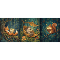 Three whimsical nighttime paintings show woodland animals reading glowing books in an enchanted forest filled with fireflies. A fox lounges in a mossy tree hollow beneath hanging branches, a hedgehog reads while curled inside a fallen leaf among mushrooms, and a squirrel sits on a pine branch with pinecones holding an illuminated book.
