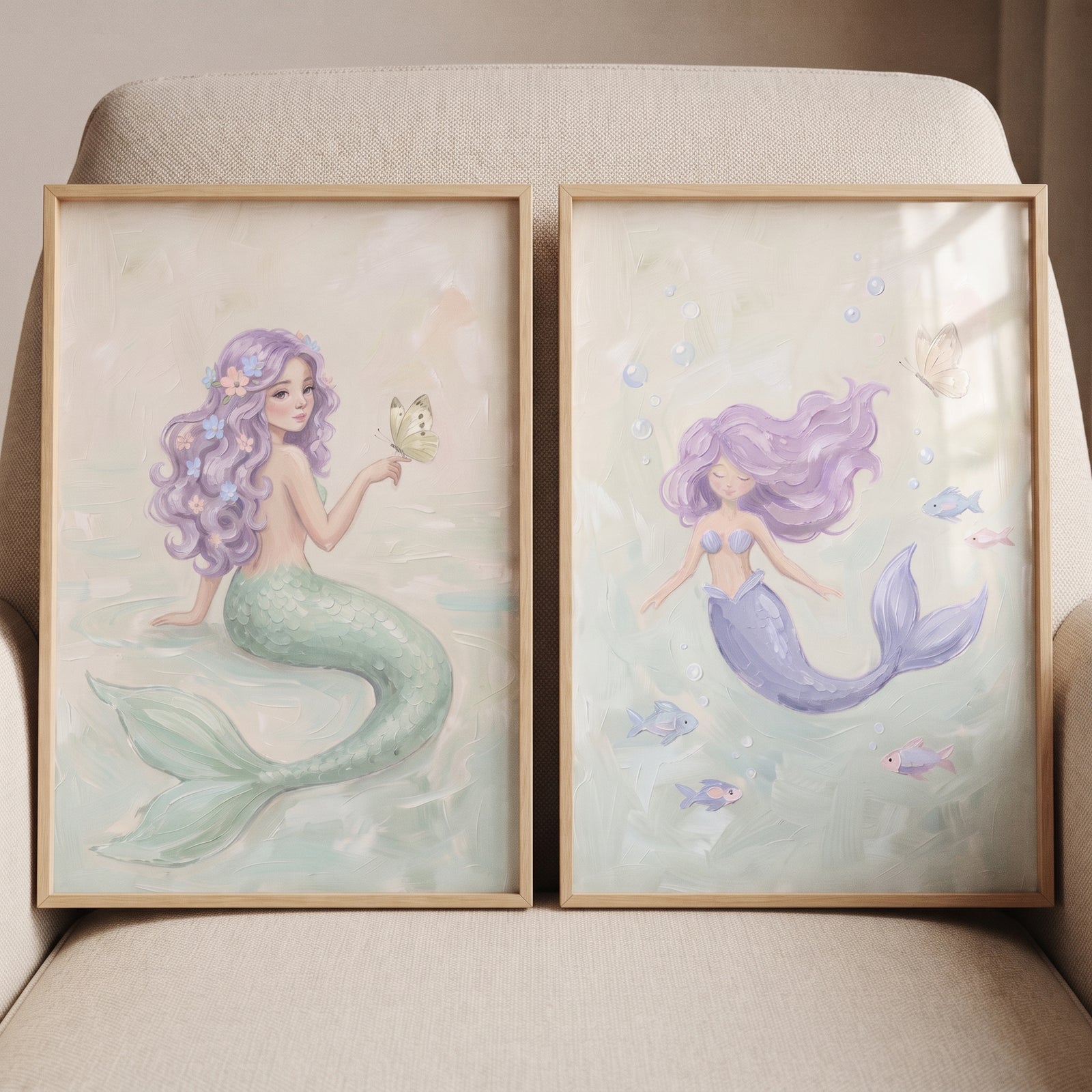 Fairytale mint tail mermaid wall art set of 2 featuring purple-haired mermaids in soft colors and wood frames.