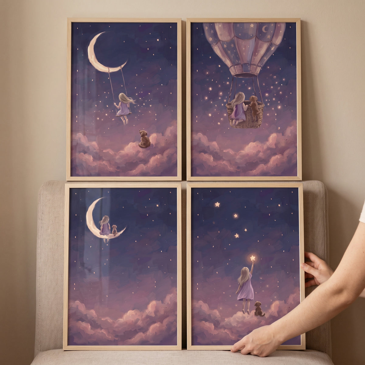Fairytale night girl dog wall art set of 4 depicts a young girl and her dog in whimsical starry sky scenes with pink clouds.