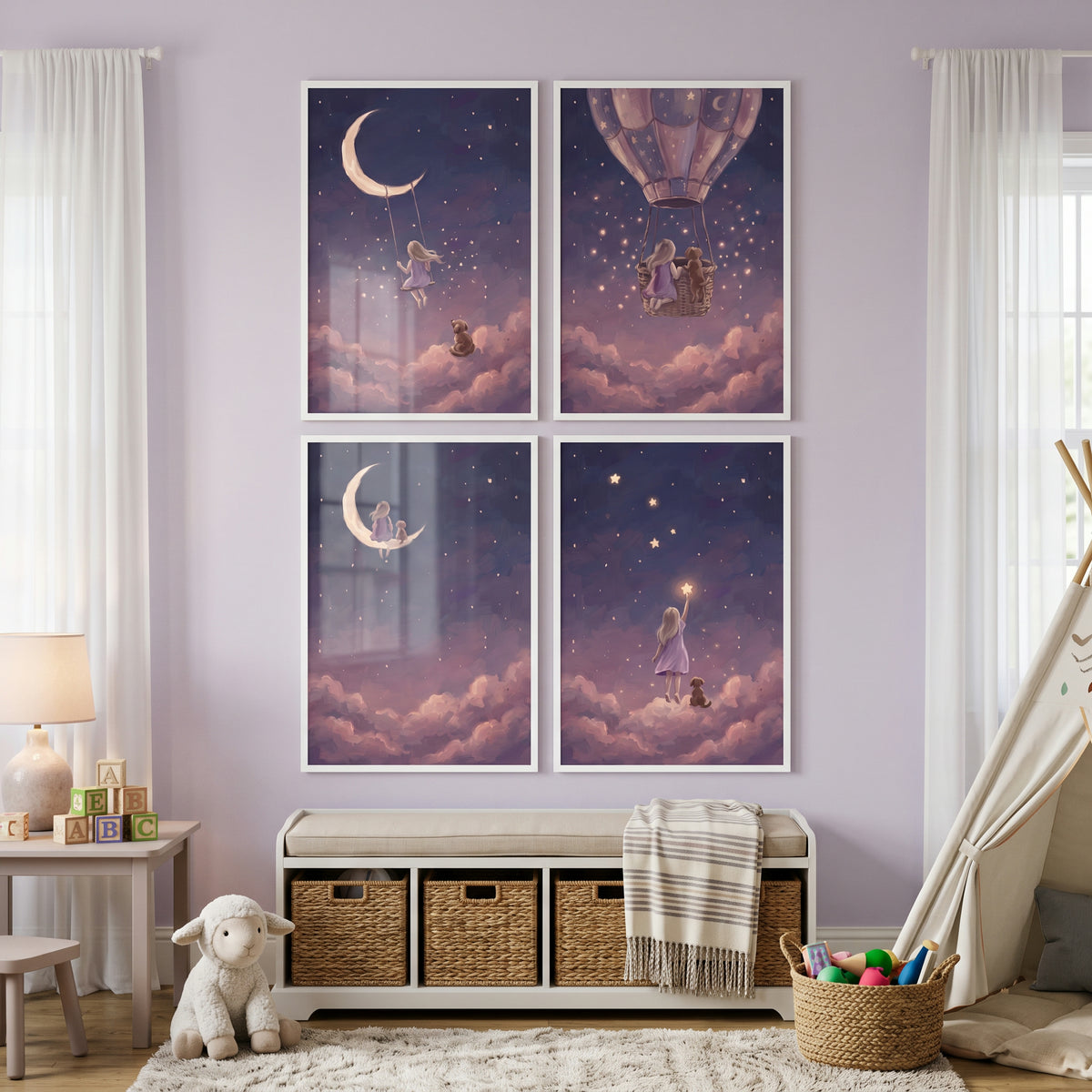 Fairytale Night Girl Dog Wall Art Set of 4 - Moonlit Dreams