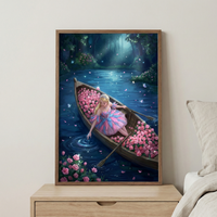 An illustration in a wooden frame shows a blonde-haired figure wearing a crown and a pink and blue dress, seated in a wooden boat. The boat floats on dark blue water in a magical forest at night. The boat is overflowing with numerous pink roses. The figure reaches one hand down to touch the water, creating gentle ripples. Soft light filters through dark, dense trees in the background, with glowing butterflies fluttering throughout. The framed artwork sits on a wooden nightstand.