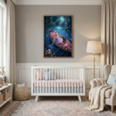 A serene nursery is decorated in soft gray, pink, and light blue tones. Centered against a light gray wall is a white wooden crib with a striped pink mattress cover and a light blue dust ruffle. Above the crib hangs a large framed vertical artwork. The illustration depicts a young blonde-haired girl in a whimsical pink and purple dress sitting in a small wooden boat filled with clusters of pink flowers. 