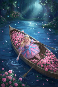 A ballerina in a pink and blue dress sits in a wooden rowboat overflowing with pink roses on a quiet river at night. She trails her hand in the sparkling water while butterflies and petals drift across the glowing surface.

