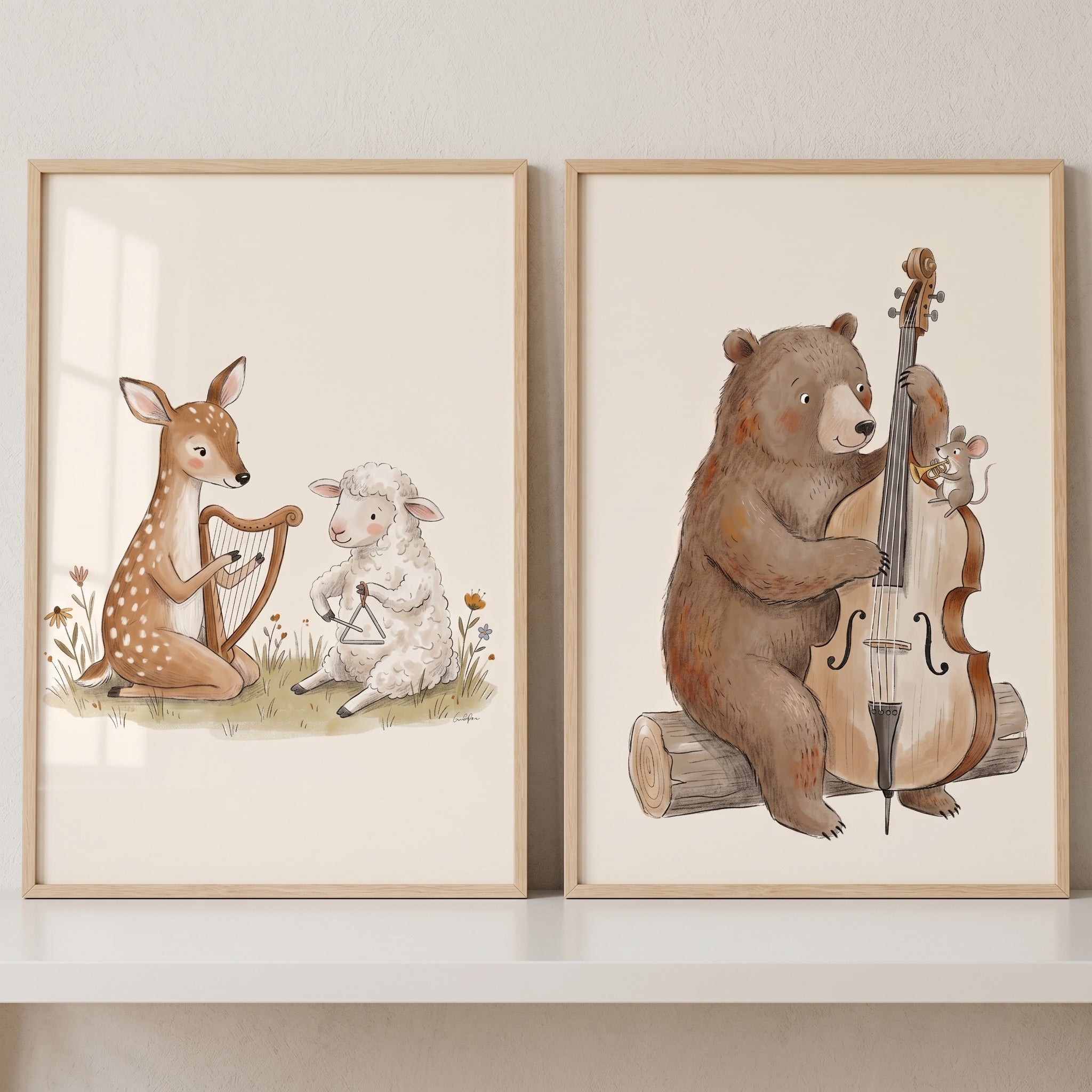 Fairytale Watercolor Musical Animals Wall Art Set Of 2 - Forest Music Makers