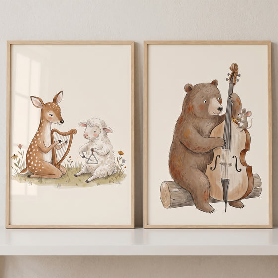 Fairytale watercolor musical animals wall art set of 2 with a deer, sheep, and a bear on a log playing instruments.