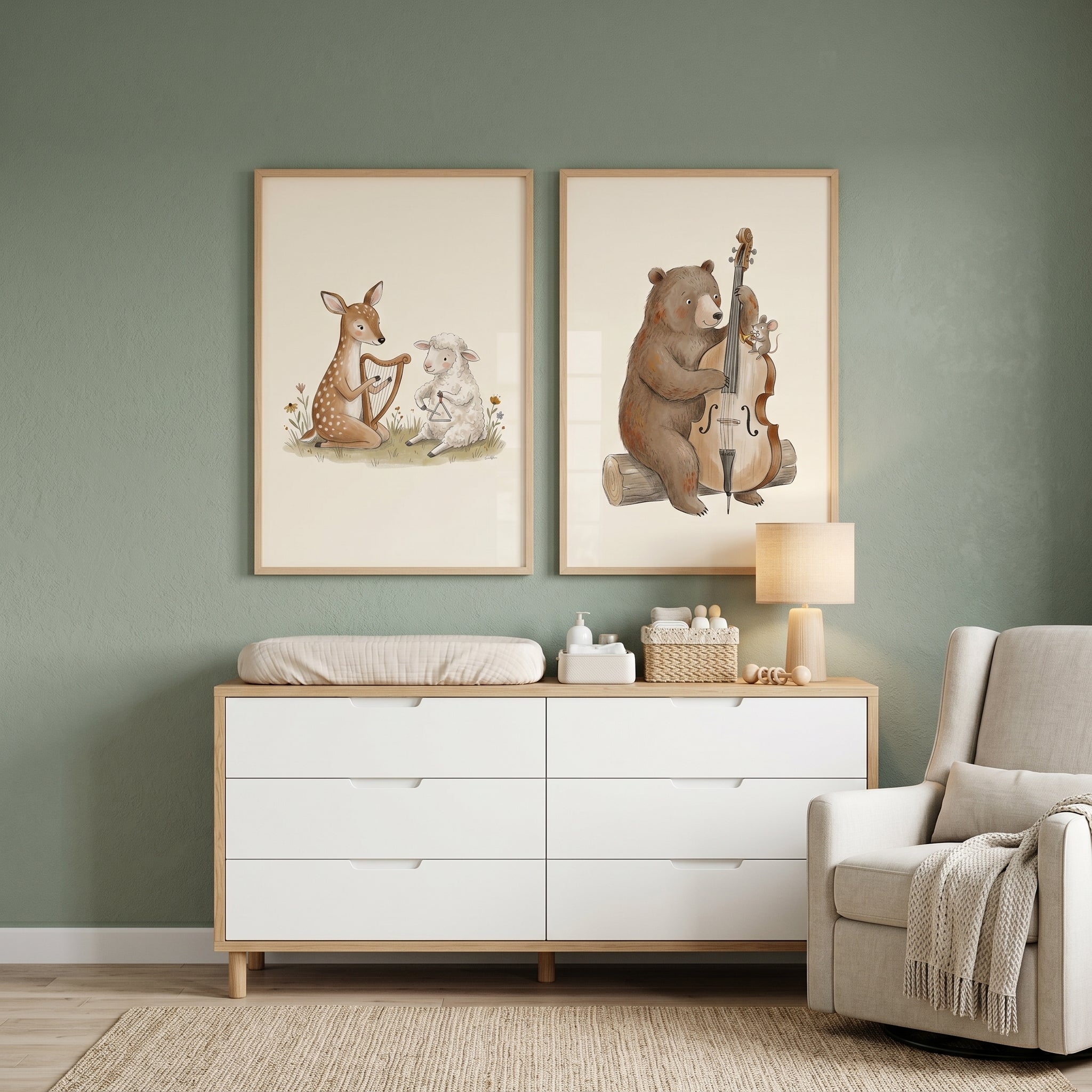 Fairytale Watercolor Musical Animals Wall Art Set Of 2 - Forest Music Makers