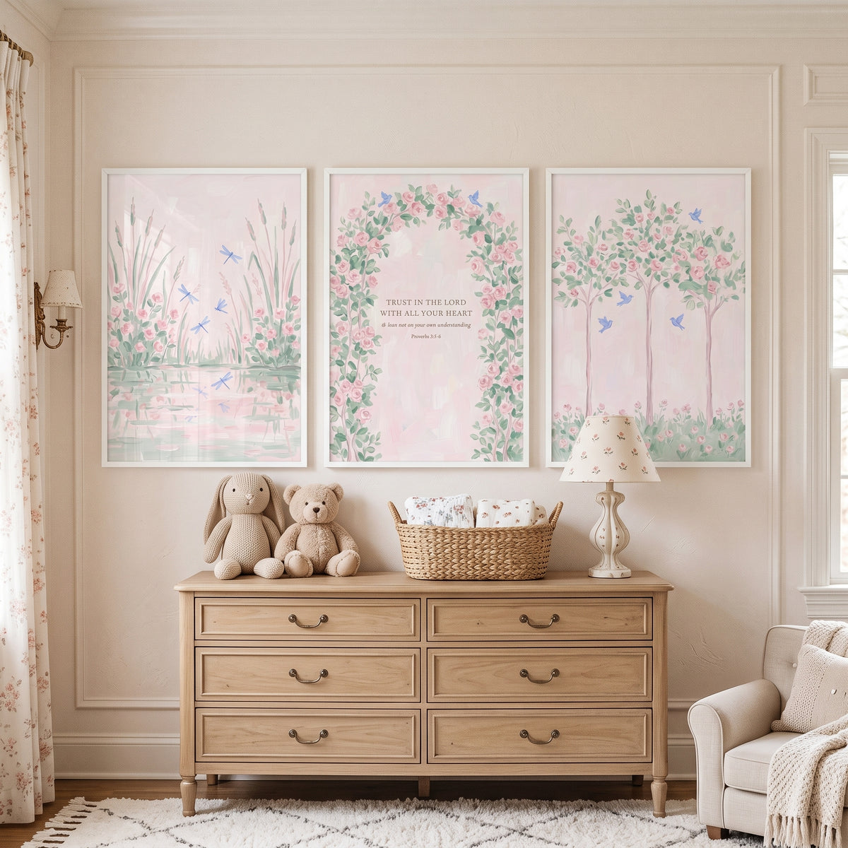 Fairytale Watercolor Pink Garden Wall Art Set Of 3 - Graceful Blossom Trio