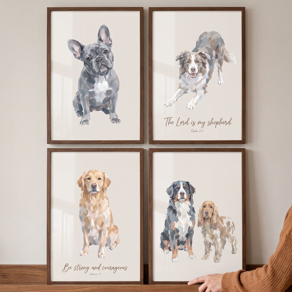 Faith based watercolor dogs wall art set of 4 features framed illustrations of various dog breeds and scripture.