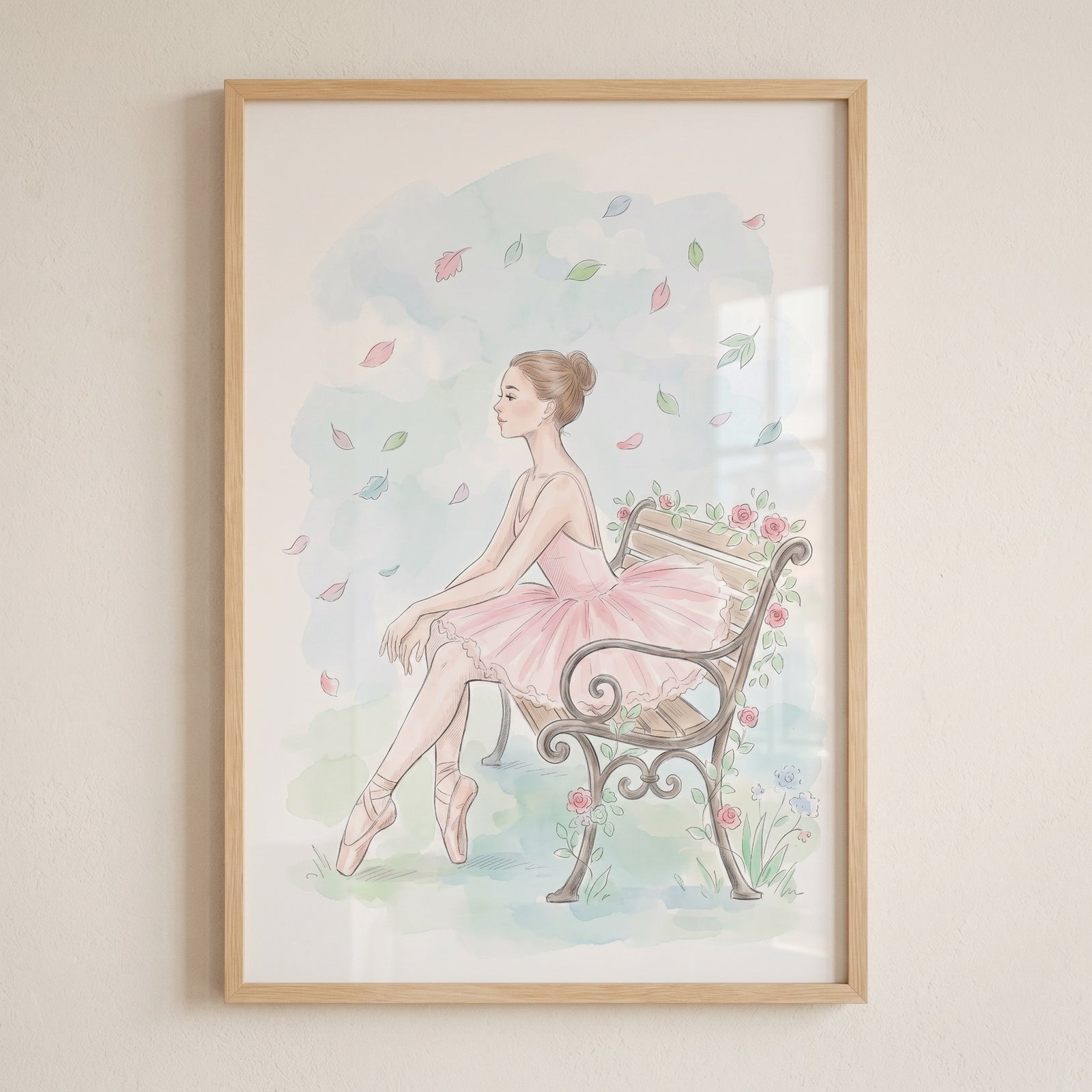 Falling leaf park ballerina wall art depicts a dancer in a pink tutu on a bench with pastel autumn leaves and roses.