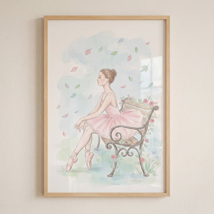 Falling leaf park ballerina wall art depicts a dancer in a pink tutu on a bench with pastel autumn leaves and roses.