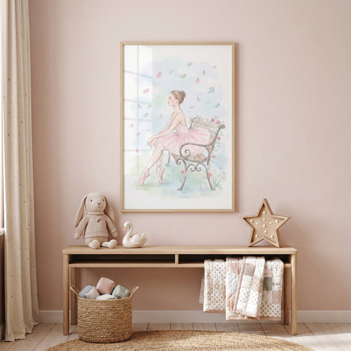 Falling leaf park ballerina wall art above a wooden table with a plush bunny, swan figurine, and star-shaped lamp.
