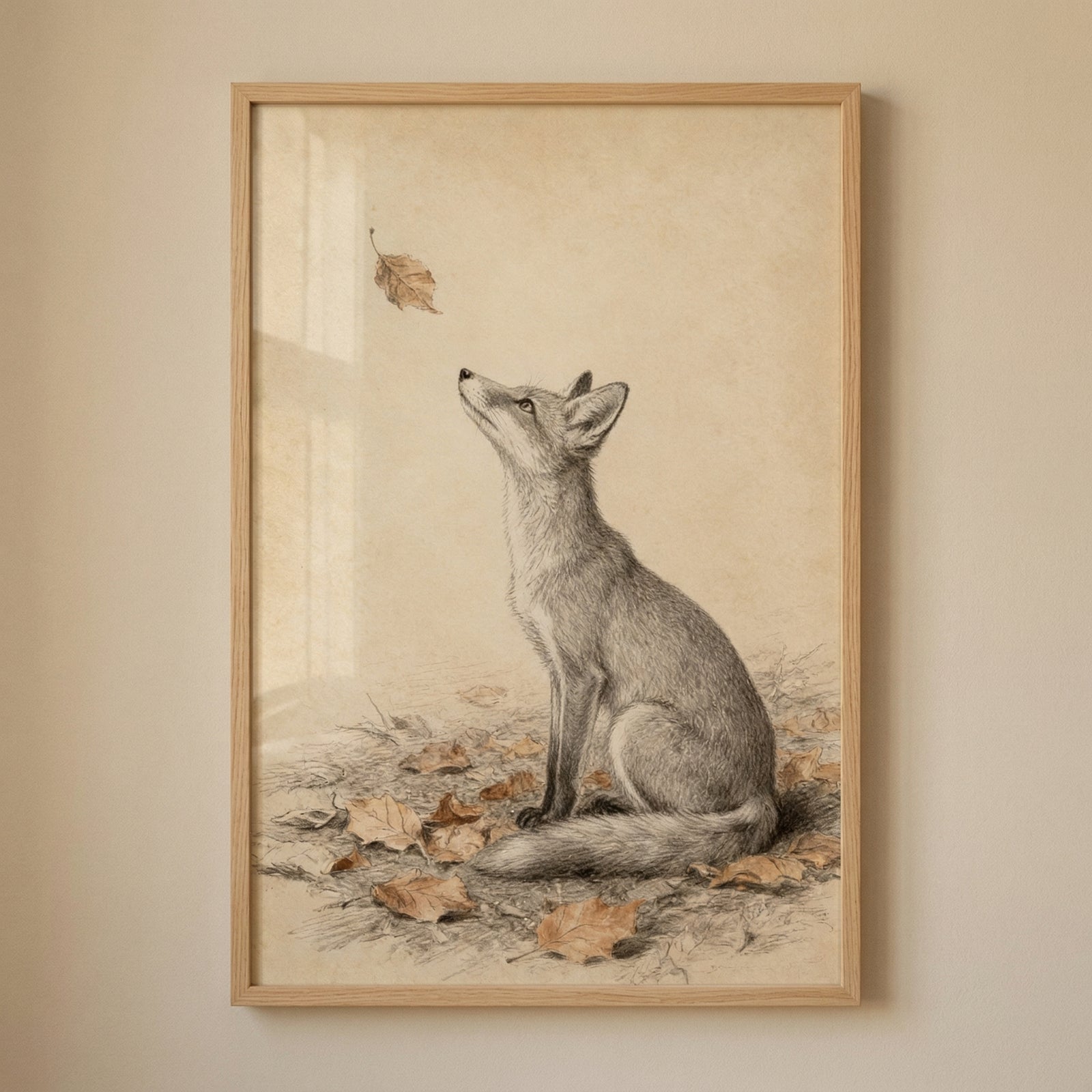 Framed pencil drawing of a fox sitting on the ground surrounded by fallen leaves while looking up at a single drifting leaf. The soft neutral tones and delicate details create a calm woodland scene that adds a gentle nature inspired touch to the room.